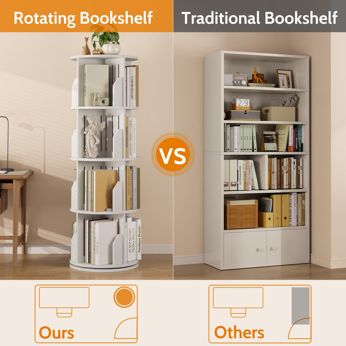 Rotating Bookshelf Tower, 4 Tier Corner Narrow Spinning Bookcase, 360° Revolving Storage Round Book Shelf, Vertical Swivel Lazy Susan Organizer for Kids Rooms Classroom Library Small Space Decor Vividwood
