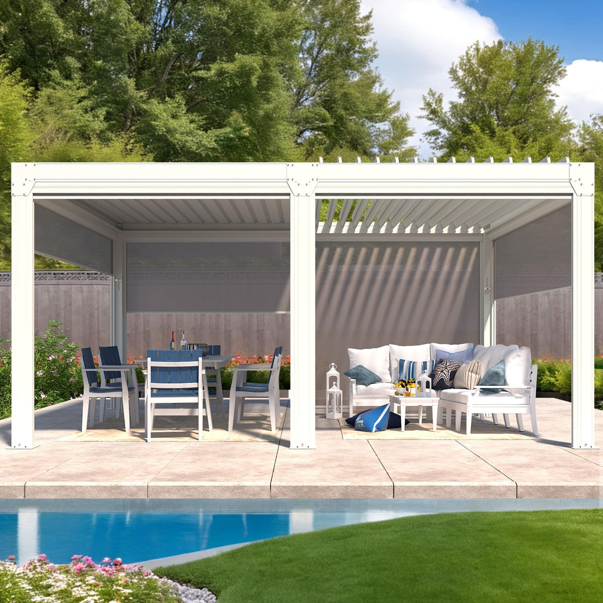 YOLENY Louvered Pergola and 6 Pull-Down Screens, 12x16FT All Aluminum Pergola with Adjustable Rainproof Roof, Outdoor Sun Shade Shelter for Patio, Weatherproof, White YOLENY