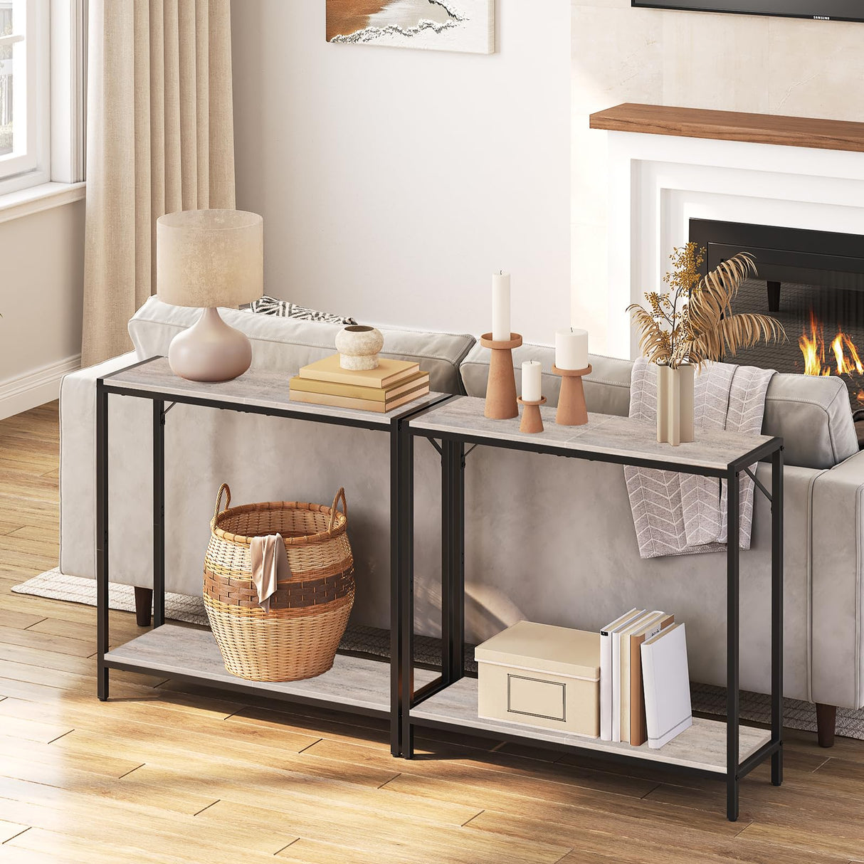 MAHANCRIS Console Table, 2-Tier Entrance Table, Behind Sofa Table, Industrial Style, Sturdy and Stable, for Living Room, Entryway, Foyer, Corridor, Office, Greige and Black CTHG27601 MAHANCRIS