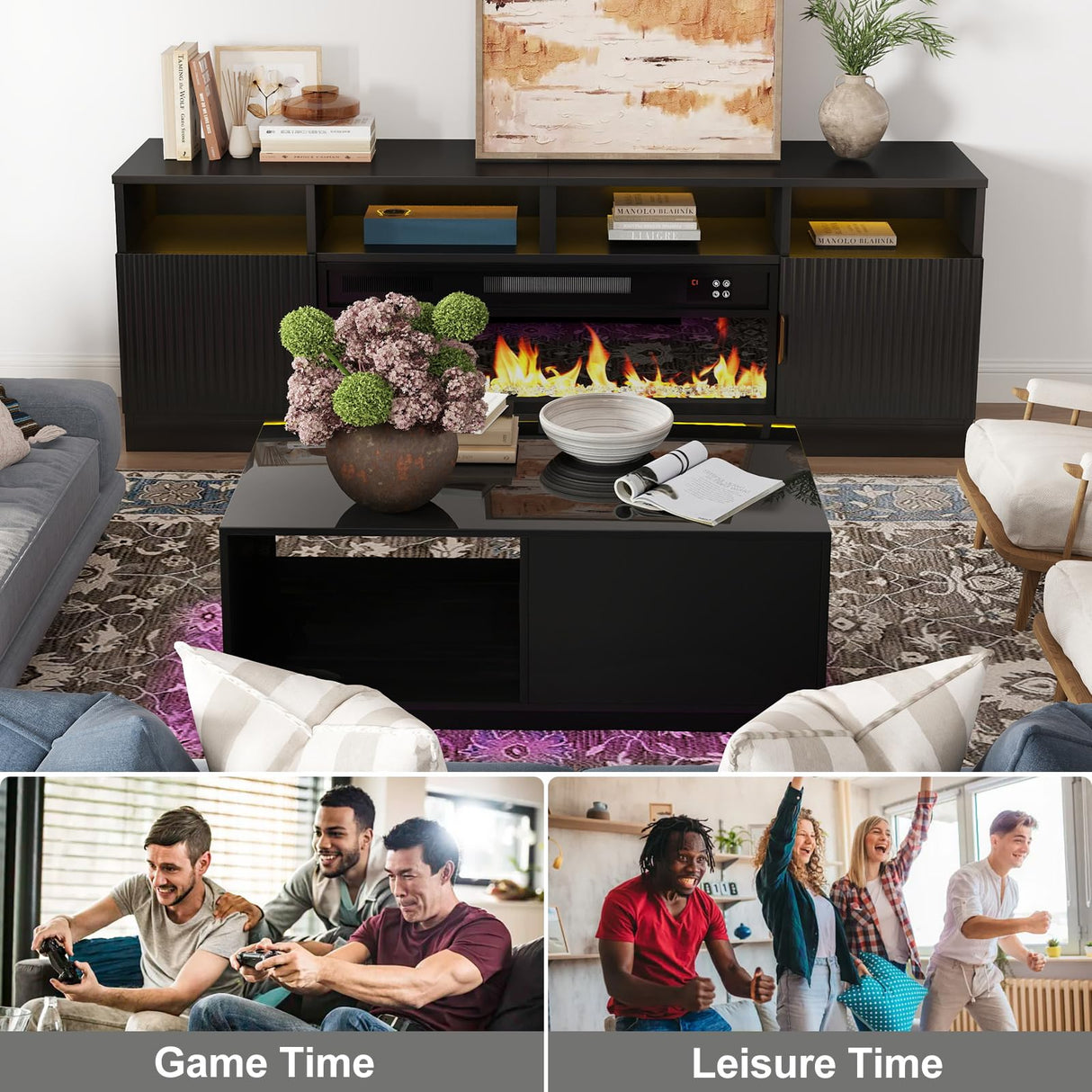 LED Black Coffee Table for Living Room with Drawer & 16 Colors Lights, 43.3IN High Gloss Modern Coffee Table with Storage Space, Rectangle Side Central Table COSVALVE