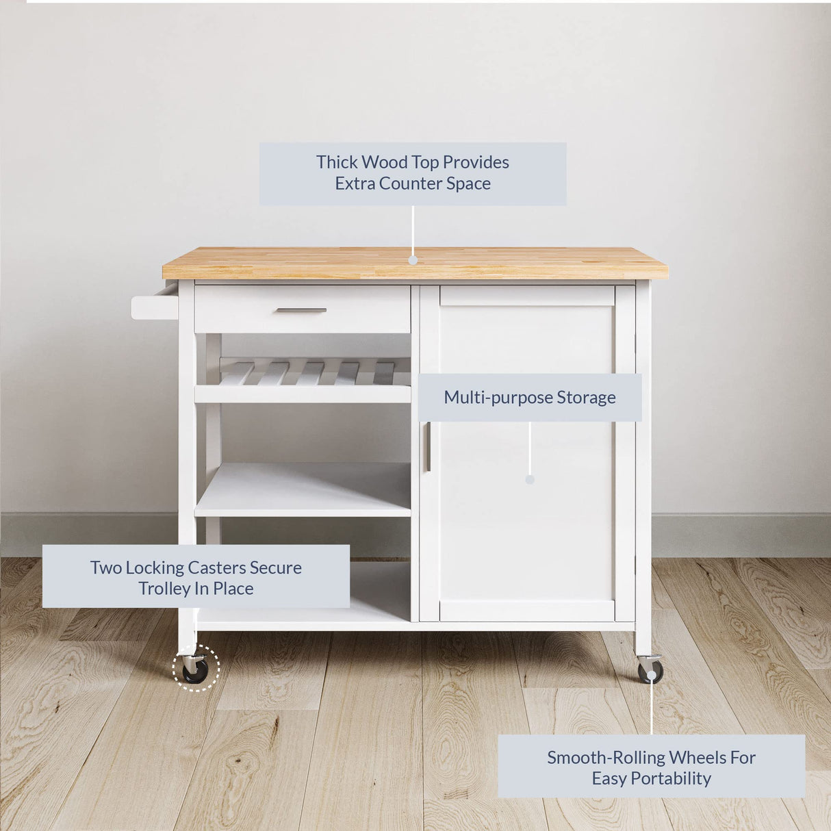 BELLEZE Modern Rolling Kitchen Island Utility Cart with a Drawer, Storage Cabinet, Handle Towel Rack, Rubber Wood Top, and Caster Wheels - Sonoma (White) BELLEZE