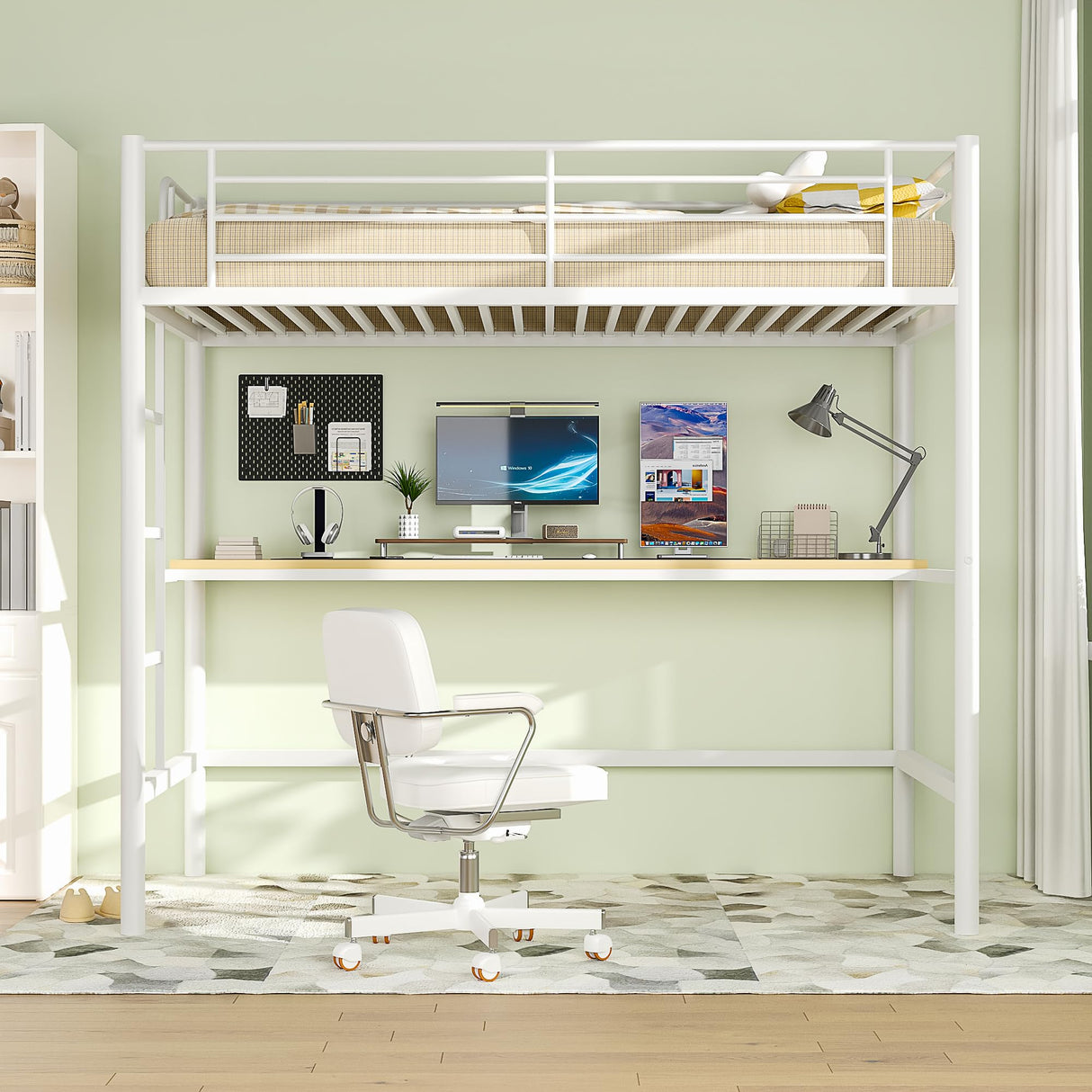 VECELO Metal Loft Bed Twin Size with Desk, Heavy Duty Bedframe with Removable Ladder and Safety Guardrail, Space-Saving, Noise Free, No Box Spring Needed, Off White VECELO