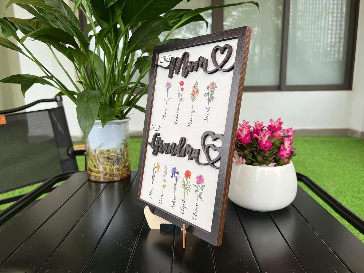 First Mom Now Grandma Customized Birth Month Flower Wooden Plaque, Personalized Mothers Day Gifts, Mother's Day Gift, Gift for Mom, Grandma's Gift, V-DECORPARKS