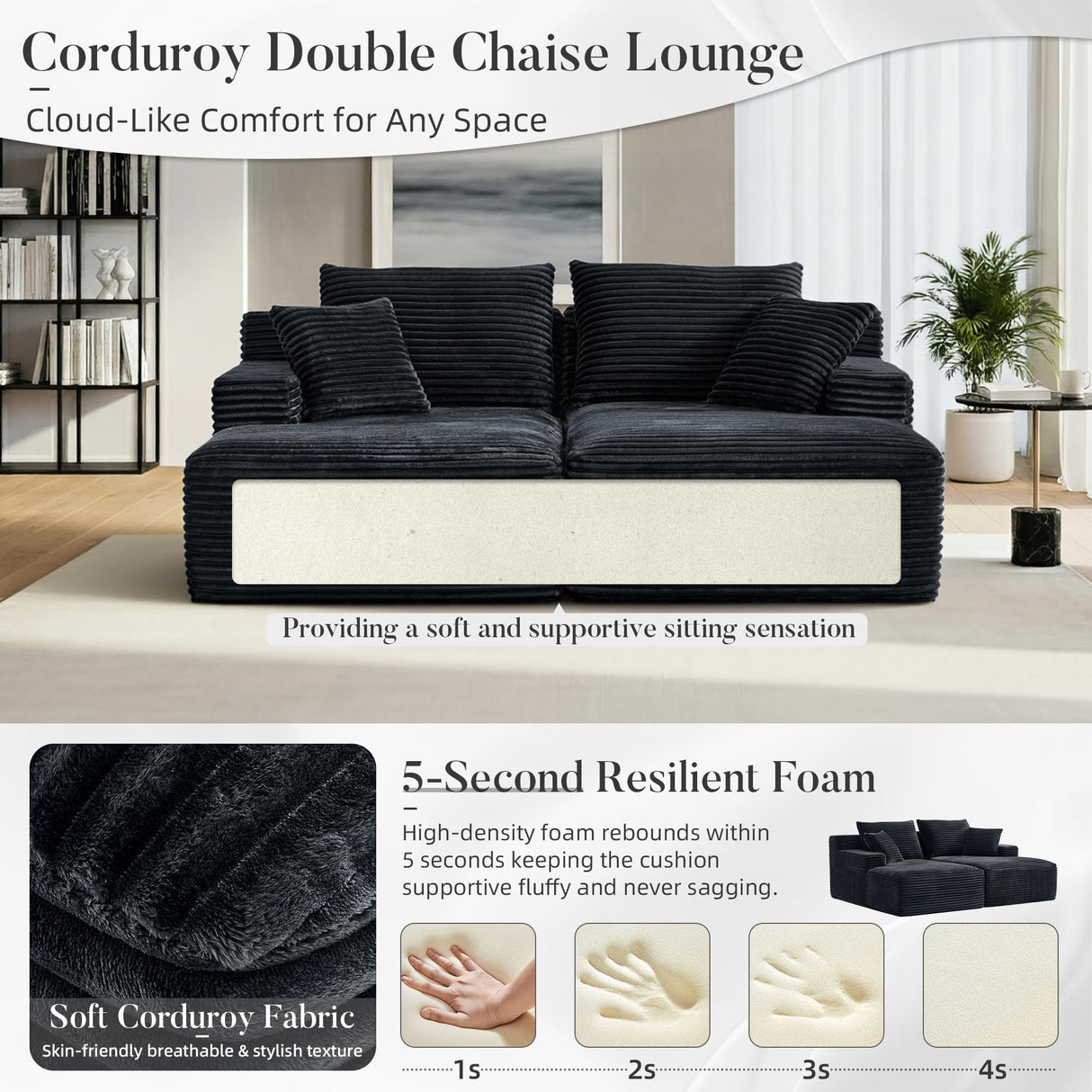 80" Oversized Double Chaise Lounges Indoor, Upholstered Boneless Couch with Deep Seat and 4 Pillows, Modern Corduroy Cloud Plush Sleeper Loveseat Memory Foam Couch, No Assembly Required, Black GULFXDS