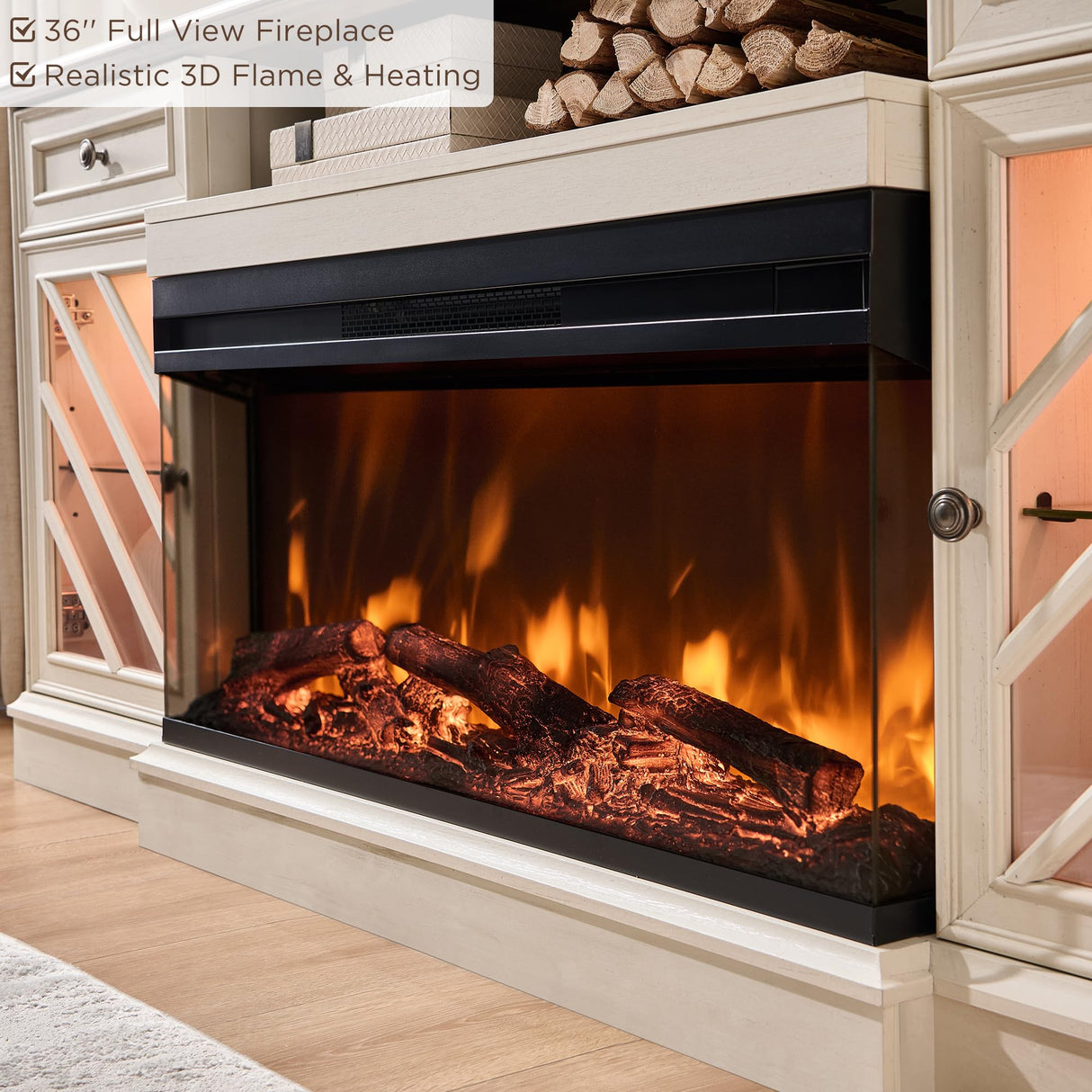 OKD 75 Inch 3-Sided Electric Fireplace TV Stand for TVs up to 85'',Modern Highboy Entertainment Center with 36" Fireplace & LED Lights,Widen Drawers and Glass Door Storage Cabinet, Antique White OKD