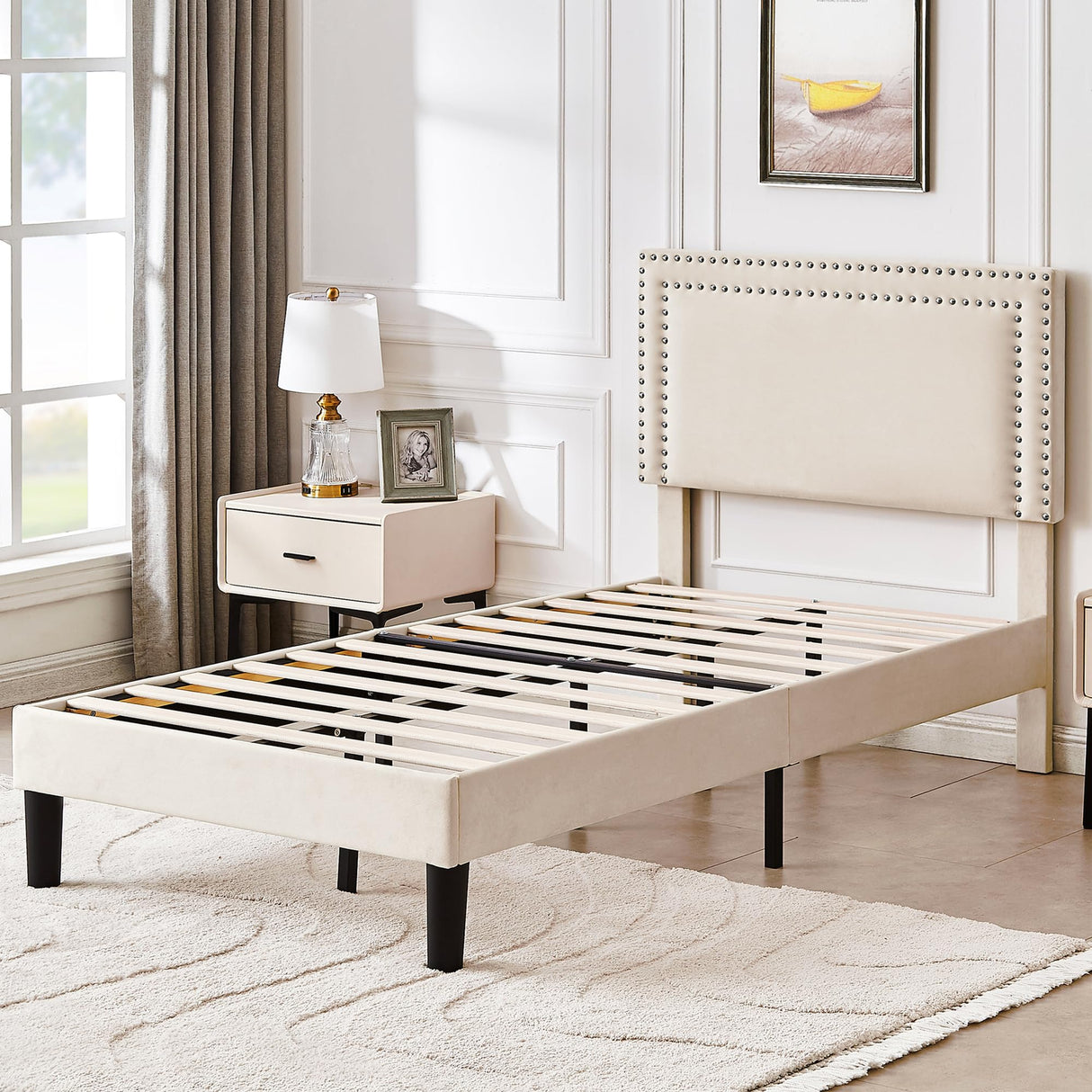 VECELO Twin Size Platform Bed Frame with Adjustable Upholstered Headboard, Nailhead Decor, Strong Wood Slat Support, No Box Spring Needed, Easy Assembly VECELO