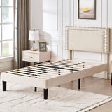 VECELO Twin Size Platform Bed Frame with Adjustable Upholstered Headboard, Nailhead Decor, Strong Wood Slat Support, No Box Spring Needed, Easy Assembly VECELO
