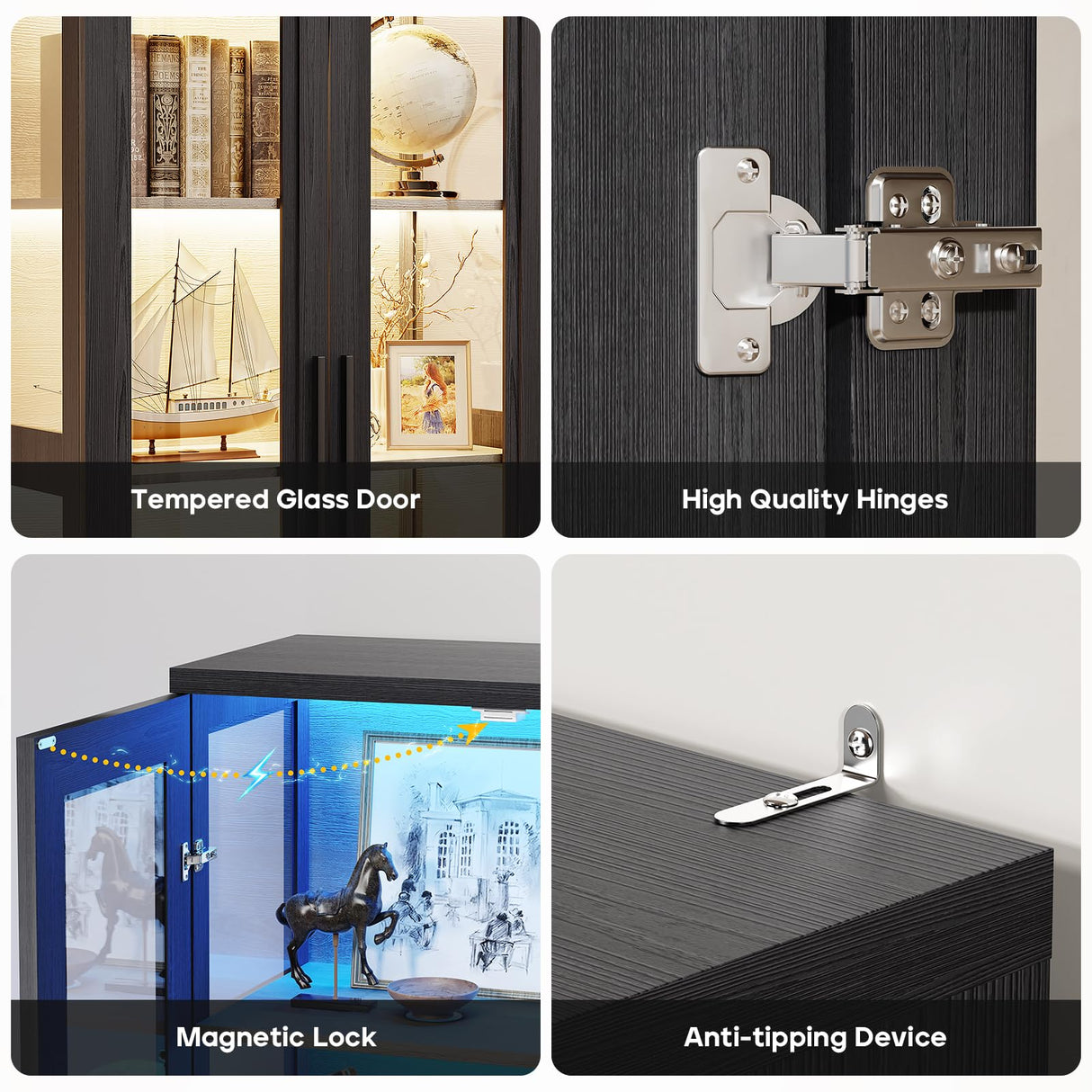 BROTTAR Display Cabinet with Glass Doors, Curio Cabinet with 4 Shelves for Collectibles, Bookcase with 3 Color LED Lights and Human Body Sensing, Glass Storage Cabinet with Buffer Hinge, Black BROTTAR