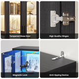 BROTTAR Display Cabinet with Glass Doors, Curio Cabinet with 4 Shelves for Collectibles, Bookcase with 3 Color LED Lights and Human Body Sensing, Glass Storage Cabinet with Buffer Hinge, Black BROTTAR