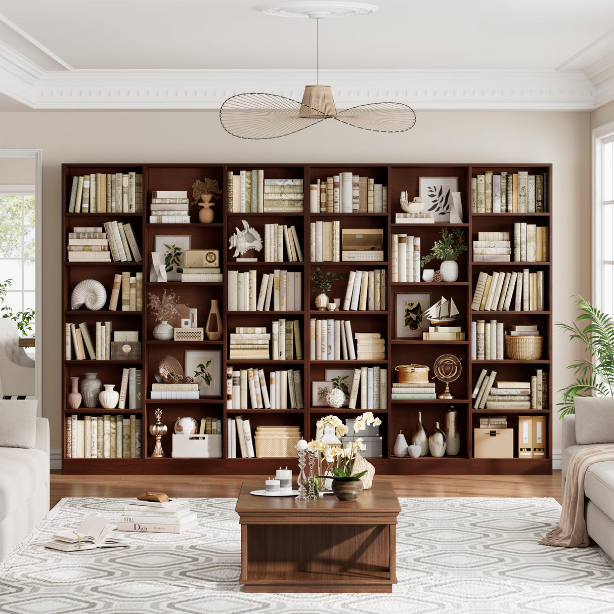 FACBOTALL Triple Wide Bookshelf, 6 Tier Large Bookshelf, Bookcase with 17 Open Display Shelves, 74'' Tall Bookcases and Bookshelves for Living Room, Home Office, Library, Cherry FACBOTALL