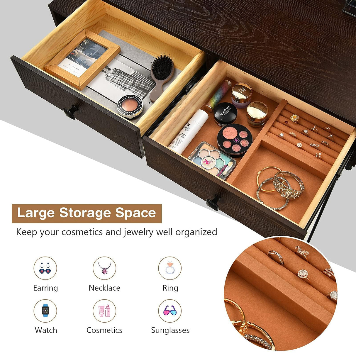 Byroce Vanity Desk w/Lights & Mirror, Makeup Vanity Set w/ 4 Large Drawers & Jewelries Organizer, 3 Color Light Options, Industrial Dressing Table & Stool (Espresso) WoodArtSupply