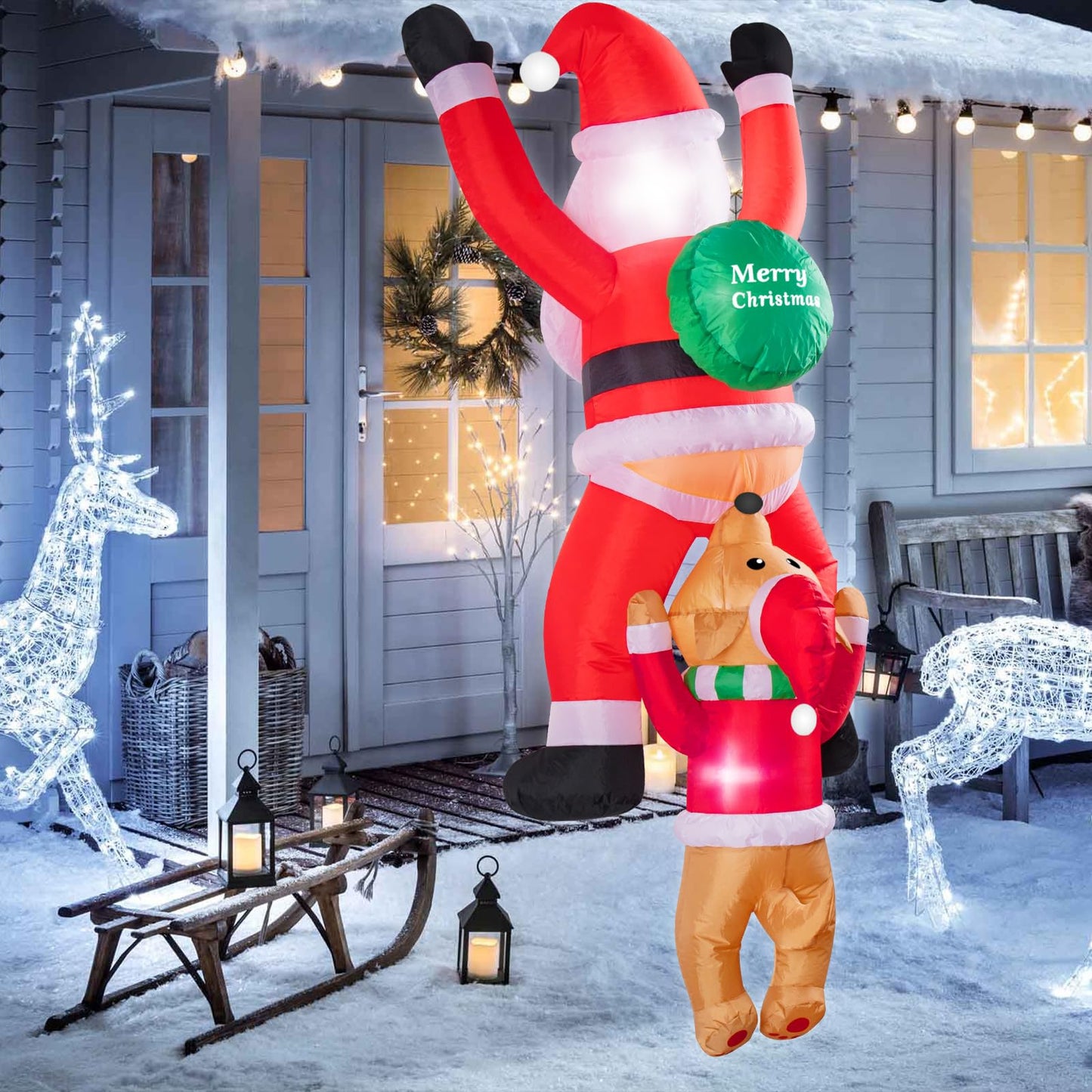 MAOYUE 6Ft Hanging Christmas Inflatables Outdoor Decorations Climbing Santa with Dog Blow Up Yard Decor with Build-in LEDs Funny Christmas Inflatable for Garden Roof Window Eaves