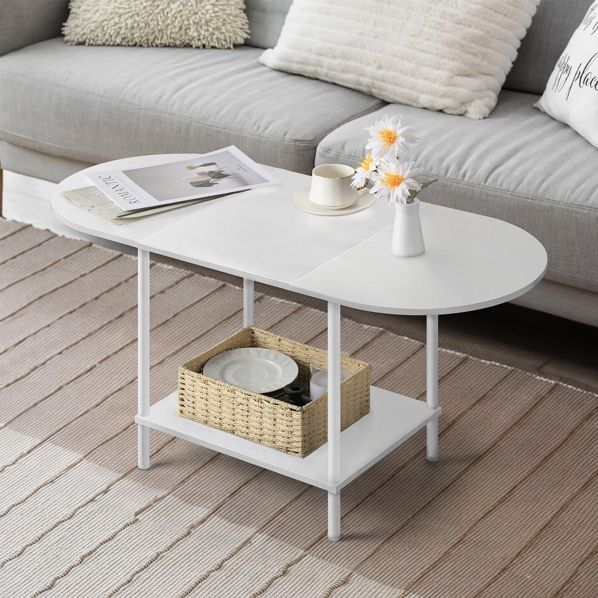 White Coffee Tables for Living Room,2-Tier Small Coffee Table Industrial Modern Oval Center Table with Storage Shelf and Wood Tabletop,for Small Space,Home Office Shinoske