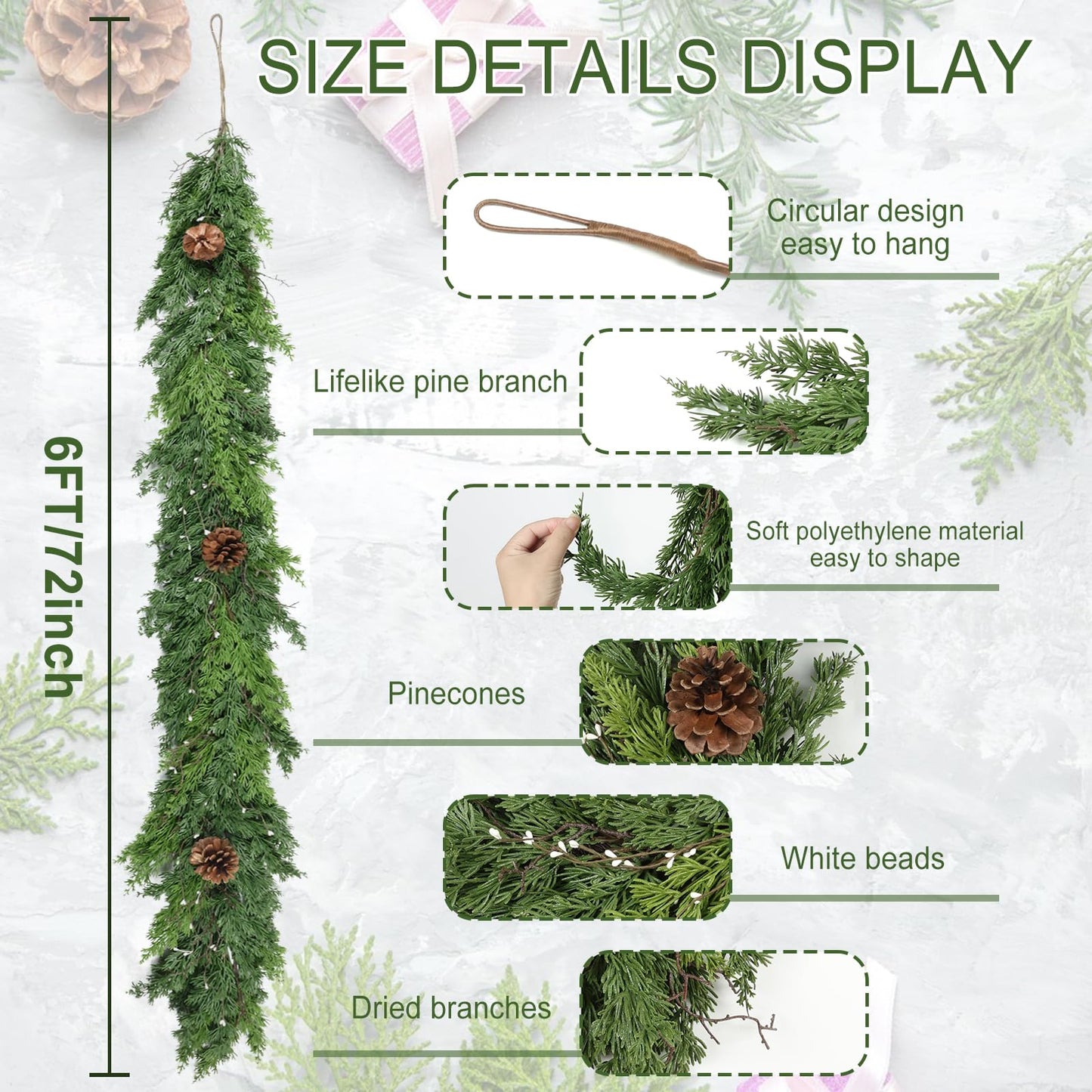 Artgar 6 Ft Christmas Garland - Cedar Garland - Cypress Garland with Pine Cone - Real Touch Pine Garland - Garland Christmas Decorations for Home Dining Table Mantel Porch Winter Christmas Decor