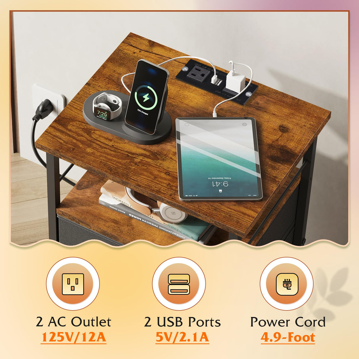 WLIVE Nightstand with Charging Station, Night Stand with 2 Fabric Drawers, Bedside Table, Small Dresser for Bedroom, Side Table with USB Ports and Outlets, Black and Rustic Brown WLIVE