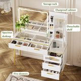 Chrangmay 47.24" Big Modern Vanity Desk with Mirror and Lights,Makeup Vanity Desk with 5 Drawers and Storage Shelves & Power Outlet,Dressing Table with Glass Top, White Chrangmay