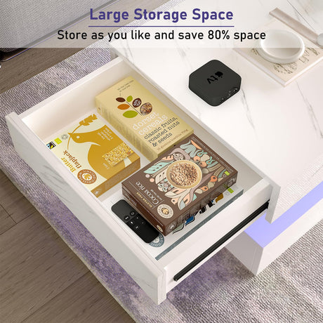 HOMFAMILIA LED Coffee Table with 2 Storage Drawers, Modern High Gloss White Coffee Table w/20 Colors LED Lights, 2 Tiers Rectangle Center Table for Living Room with Marbling Print, APP Control, White HOMFAMILIA