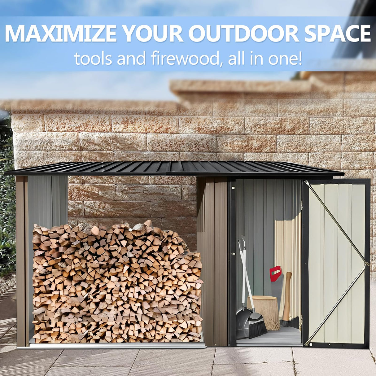 2-in-1 Metal Outdoor Storage Shed with Tool Locker & Firewood Storage, 8.75× 3.33 FT Firewood Shed - Weatherproof & Versatile, Steel Garden Sheds for Backyard Garden Patio Lawn - Brown Garden Tailor