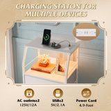 WLIVE Night Stand with Charger Station, White Nightstand with LED Light and 4 Storage Drawers, Tall Dresser for Bedroom, 37.48" H Bedside Table with Fabric Bins, Wood Shelf WLIVE