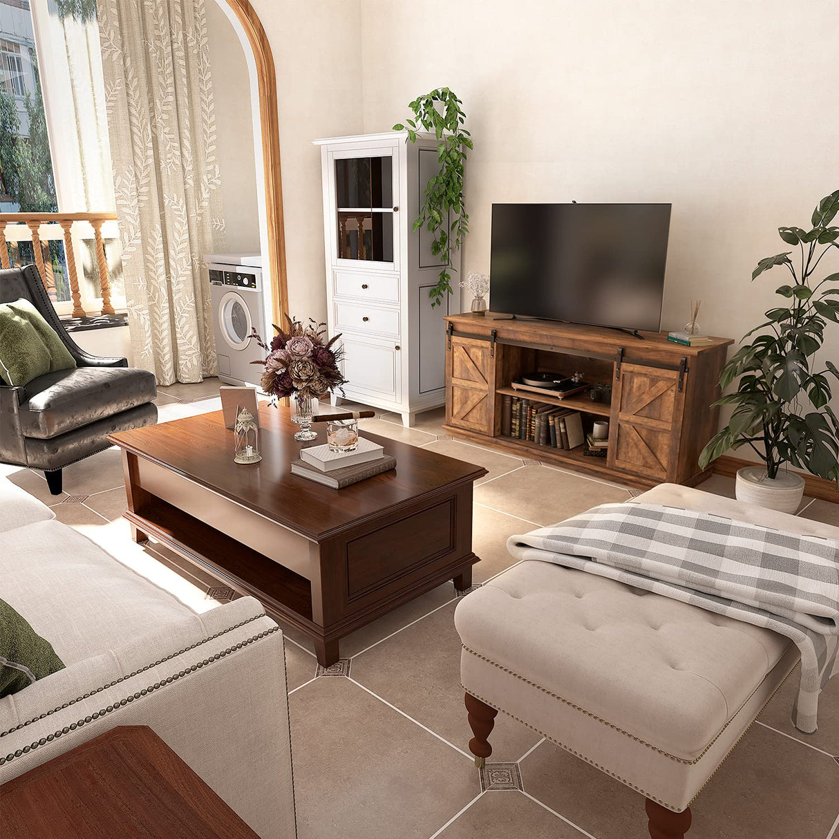 JUMMICO TV Stand for 65 Inch TV, Entertainment Center with Storage Cabinets and Sliding Barn Doors, Mid Century Modern Media TV Console Table for Living Room Bedroom (Rustic Oak) JUMMICO