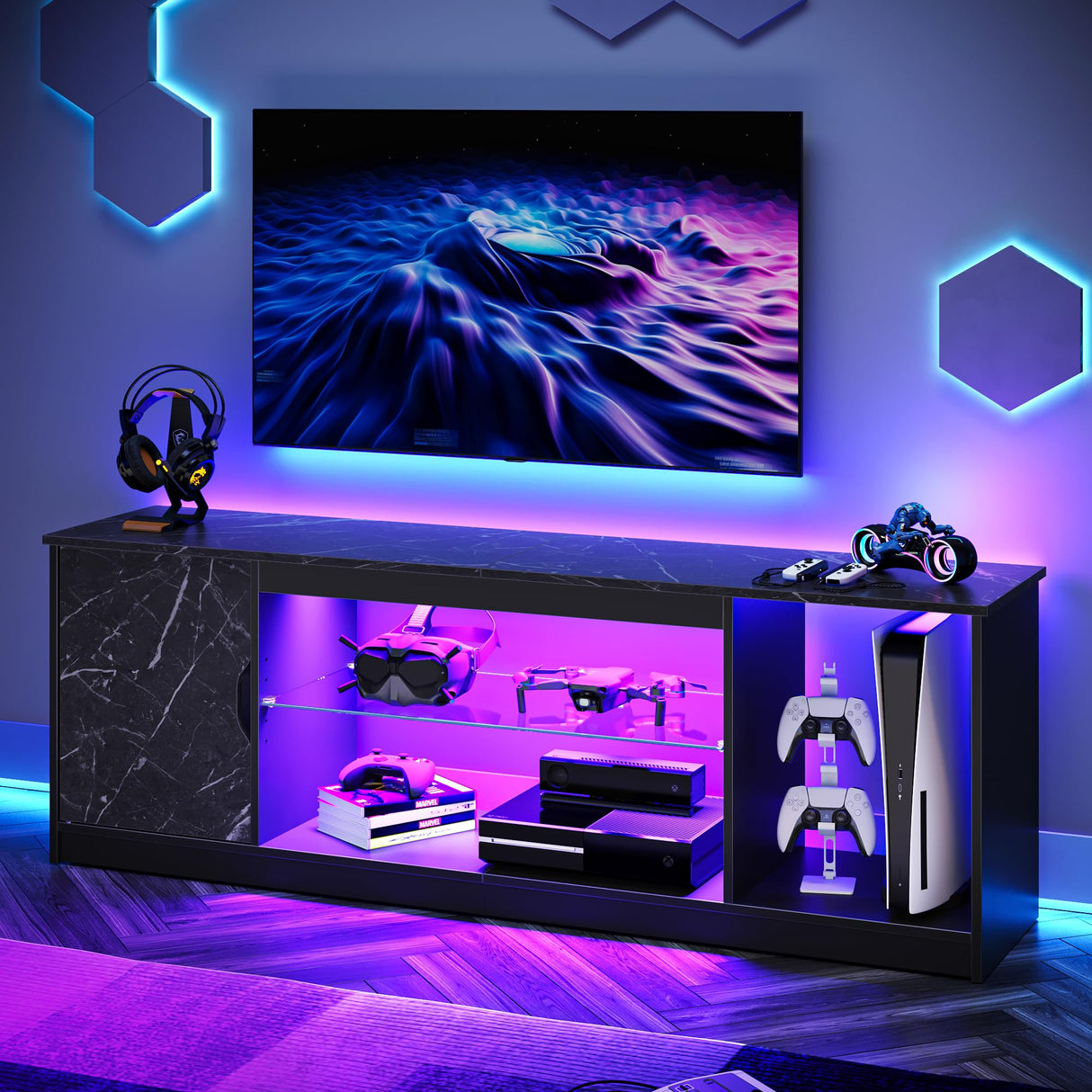 Bestier LED TV Stand for 55/60/65 Inch TV, Gaming Entertainment Center with Cabinet for PS5, Xbox,Modern TV Cabinet with Adjustable Glass Shelves for Living Room, Bedroom 58 Inch,Black Marble Bestier