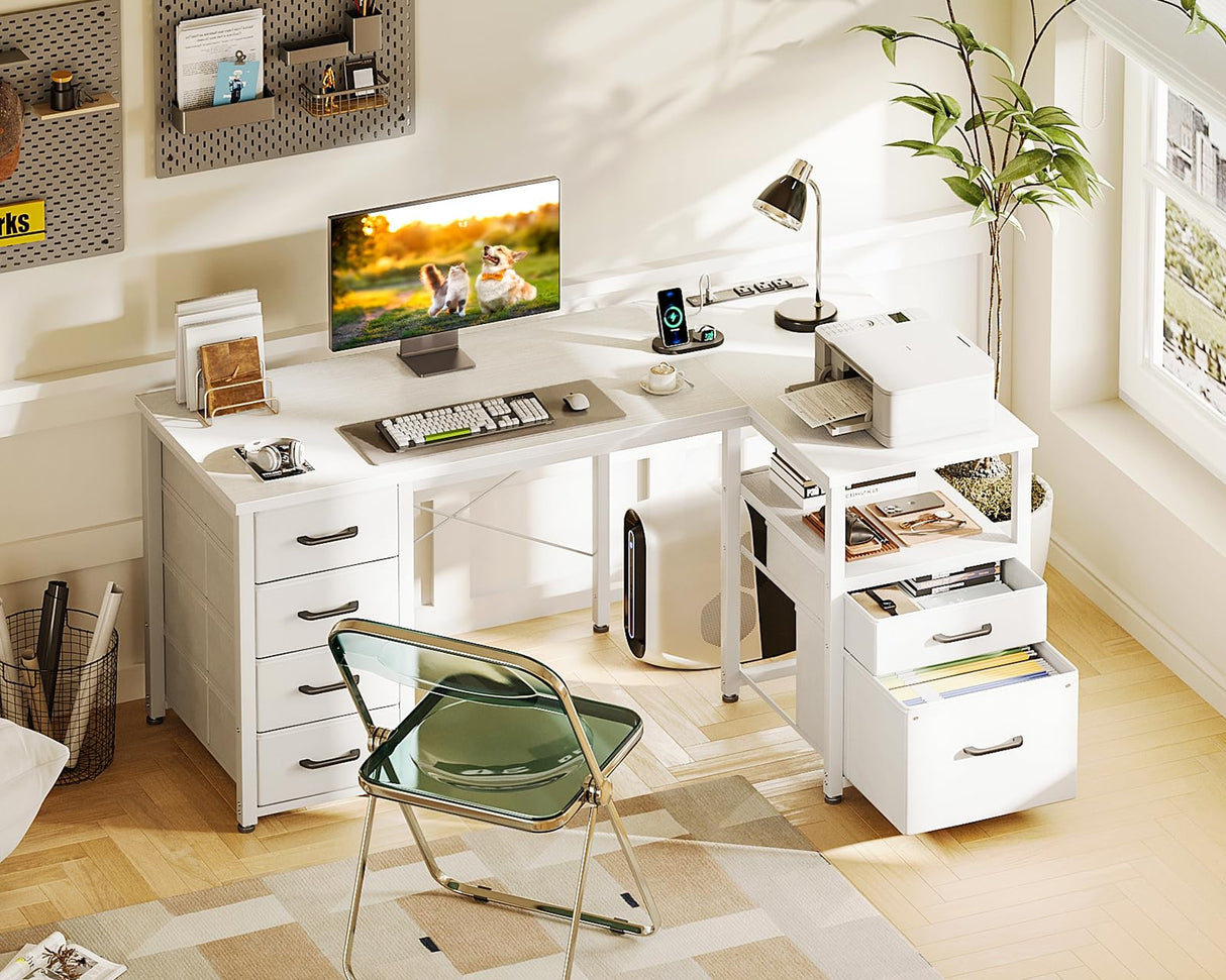 Coleshome L Shaped Computer Desk with 6 Drawers & Power Outlet, 55 Inch Corner Desk with Reversible Storage Shelf & File Drawer, Home Office Desk, White Coleshome
