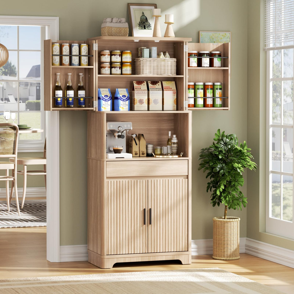 FiveWillowise 70.1" Tall Fluted Pantry Cabinet, Kitchen Storage with Countertop for Microwave, Modern Pantry Organizer Cupboard with Drawer for Dining, Living Room, Natural Wood FiveWillowise