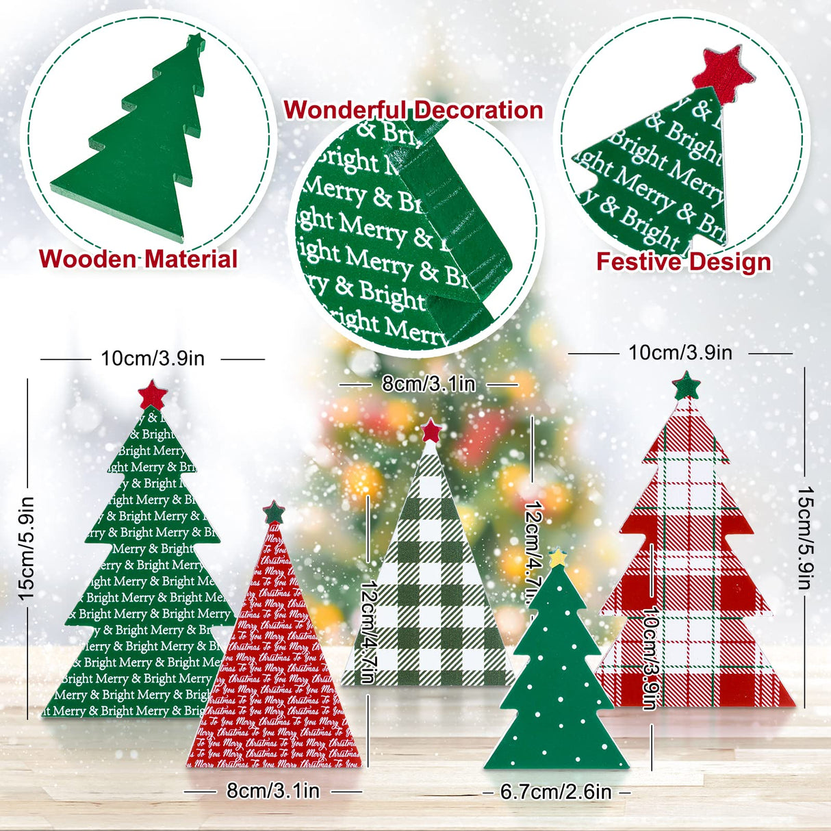 Whaline 5Pcs Wooden Christmas Tree Tabletop Decoration 3 Sizes Red Green Plaid Xmas Tree Table Centerpieces Rustic Sanding Christmas Tree Wood Sign for Home Office Fireplace Farmhouse Whaline