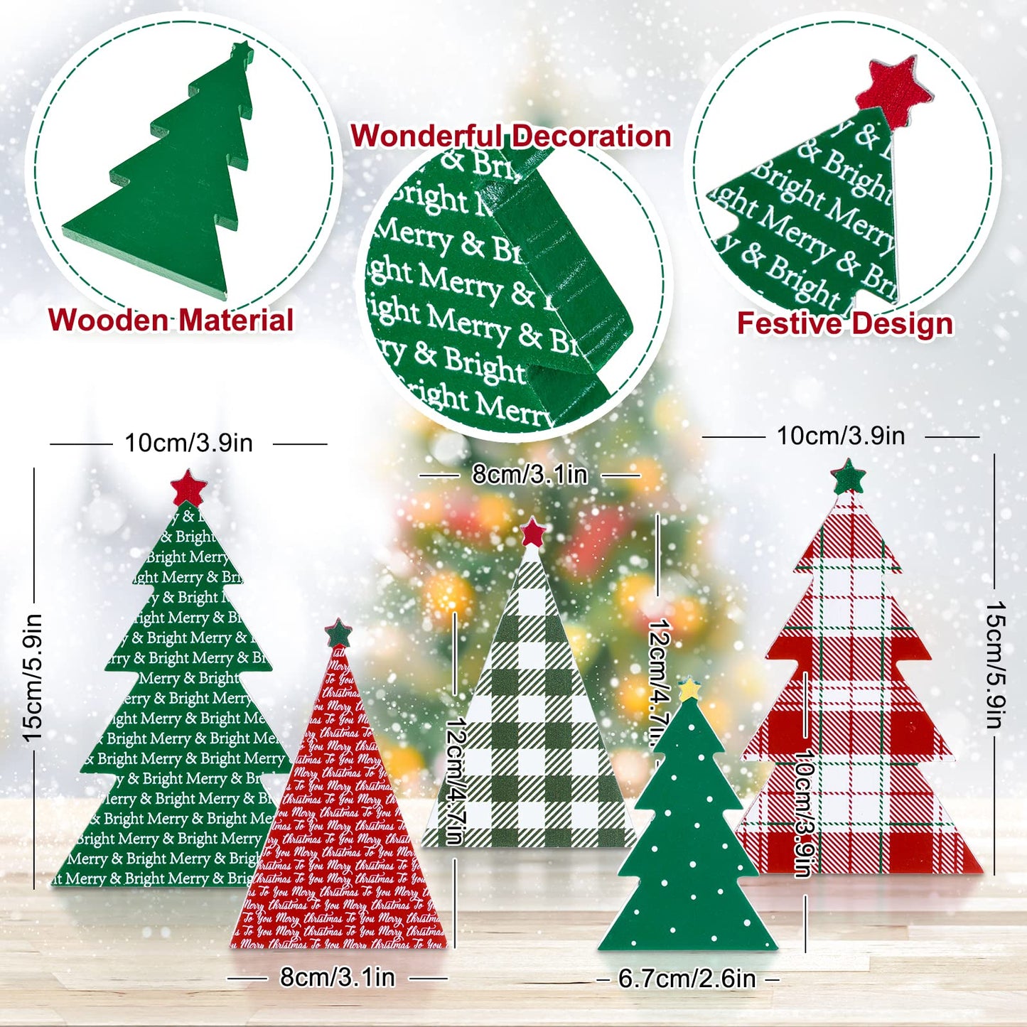 Whaline 5Pcs Wooden Christmas Tree Tabletop Decoration 3 Sizes Red Green Plaid Xmas Tree Table Centerpieces Rustic Sanding Christmas Tree Wood Sign for Home Office Fireplace Farmhouse