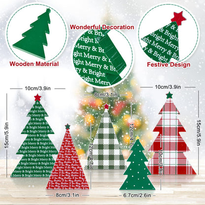 Whaline 5Pcs Wooden Christmas Tree Tabletop Decoration 3 Sizes Red Green Plaid Xmas Tree Table Centerpieces Rustic Sanding Christmas Tree Wood Sign for Home Office Fireplace Farmhouse