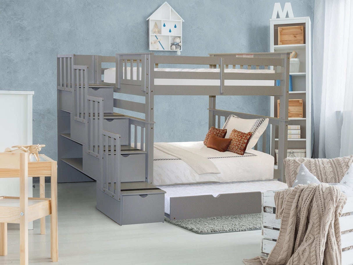 Bedz King Tall Stairway Bunk Beds Twin over Twin with 4 Drawers in the Steps and a Twin Trundle, Gray Bedz King
