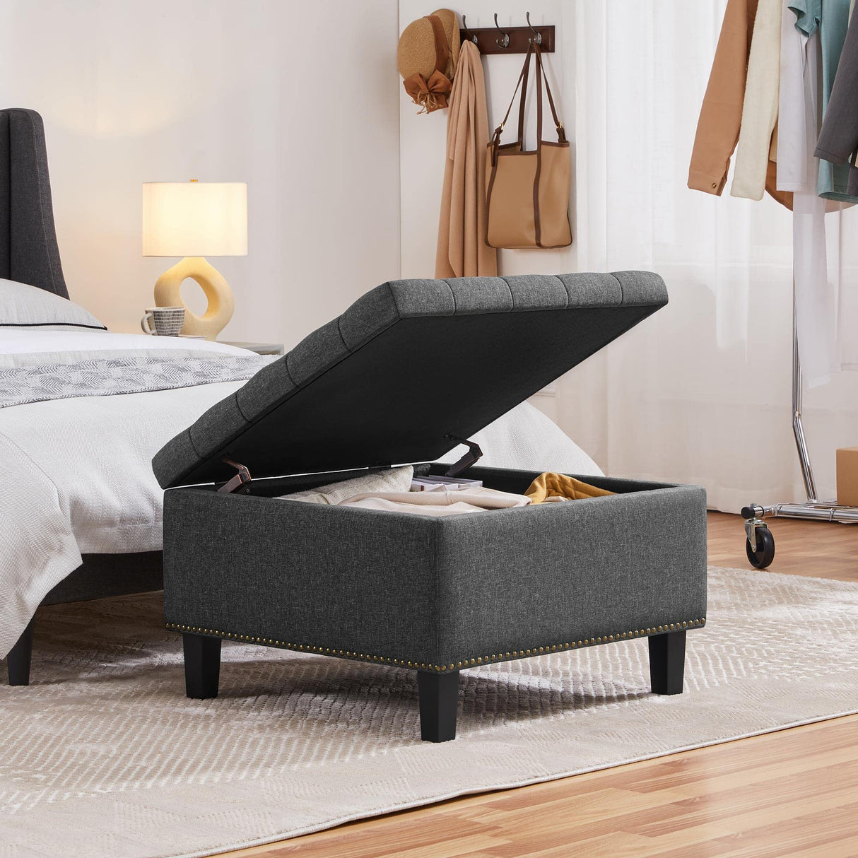 Yaheetech Ottoman with Large Storage, Multifunctional 28-inch Storage Bench, Bedroom Bench Foot Rest with Cushion as Footboard Bench, Sofa Bench, Coffee Table for Living Room Entryway Gray Yaheetech