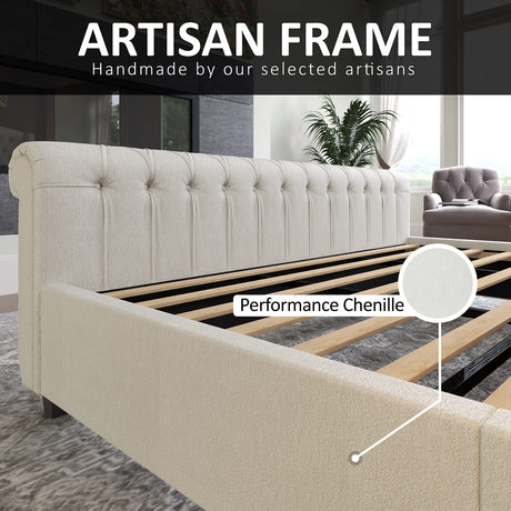 AMERLIFE Queen Size Platform Bed Frame, Chenille Upholstered Sleigh Bed with Scroll Wingback Headboard & Footboard/Button Tufted/No Box Spring Required/Cream AMERLIFE