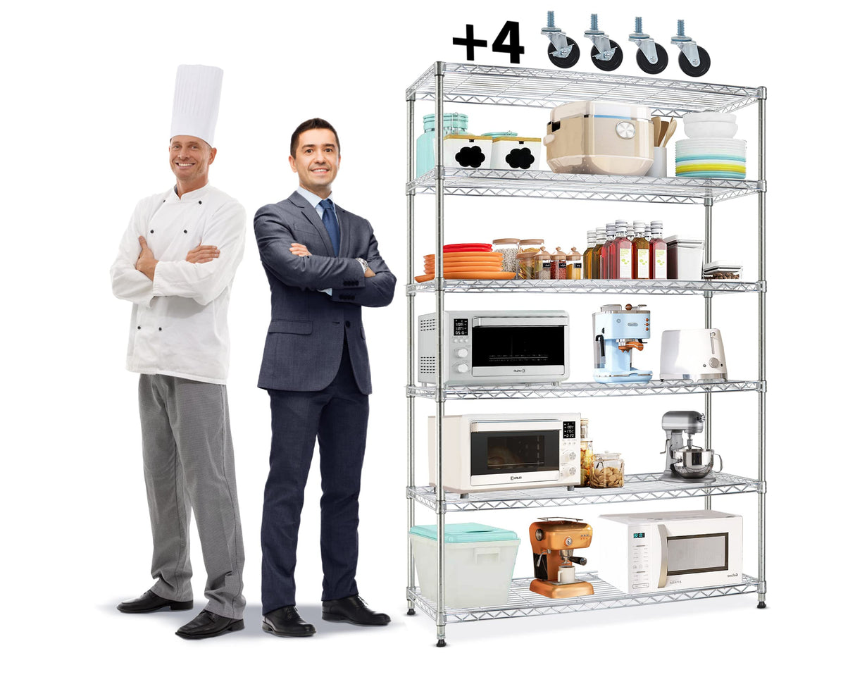 6 Tier Metal Shelving, 18" D x 48" W x 82" H Storage Rack, Wire Shelf, Height Adjustable, Wire Rack Shelving, Maximum Load Bearing 2100lbs, Metal Storage Shelves for Kitchen Garage Warehouse, Chrome MKDLUFEI