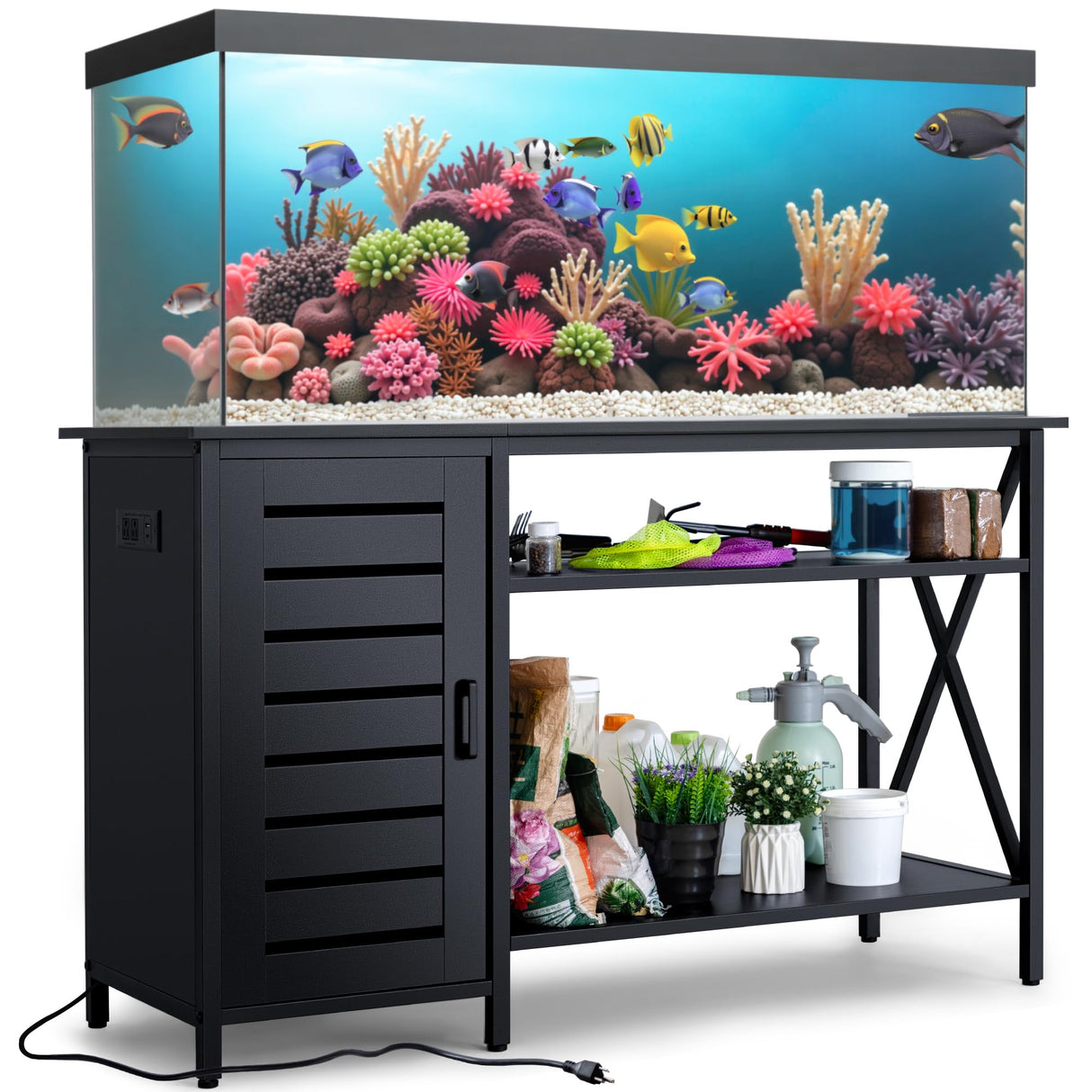WARCAT 55-75 Gallon Aquarium Stand, Fish Tank Stand, Support up to 1200 lbs, 52" L x 19.68" W Tabletop, Built-In Power Outlet, Dual Storage Cabinets and Shelves (Black) WARCAT