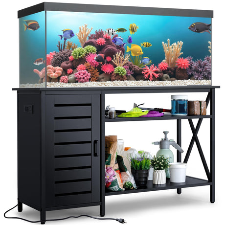 WARCAT 55-75 Gallon Aquarium Stand, Fish Tank Stand, Support up to 1200 lbs, 52" L x 19.68" W Tabletop, Built-In Power Outlet, Dual Storage Cabinets and Shelves (Black) WARCAT