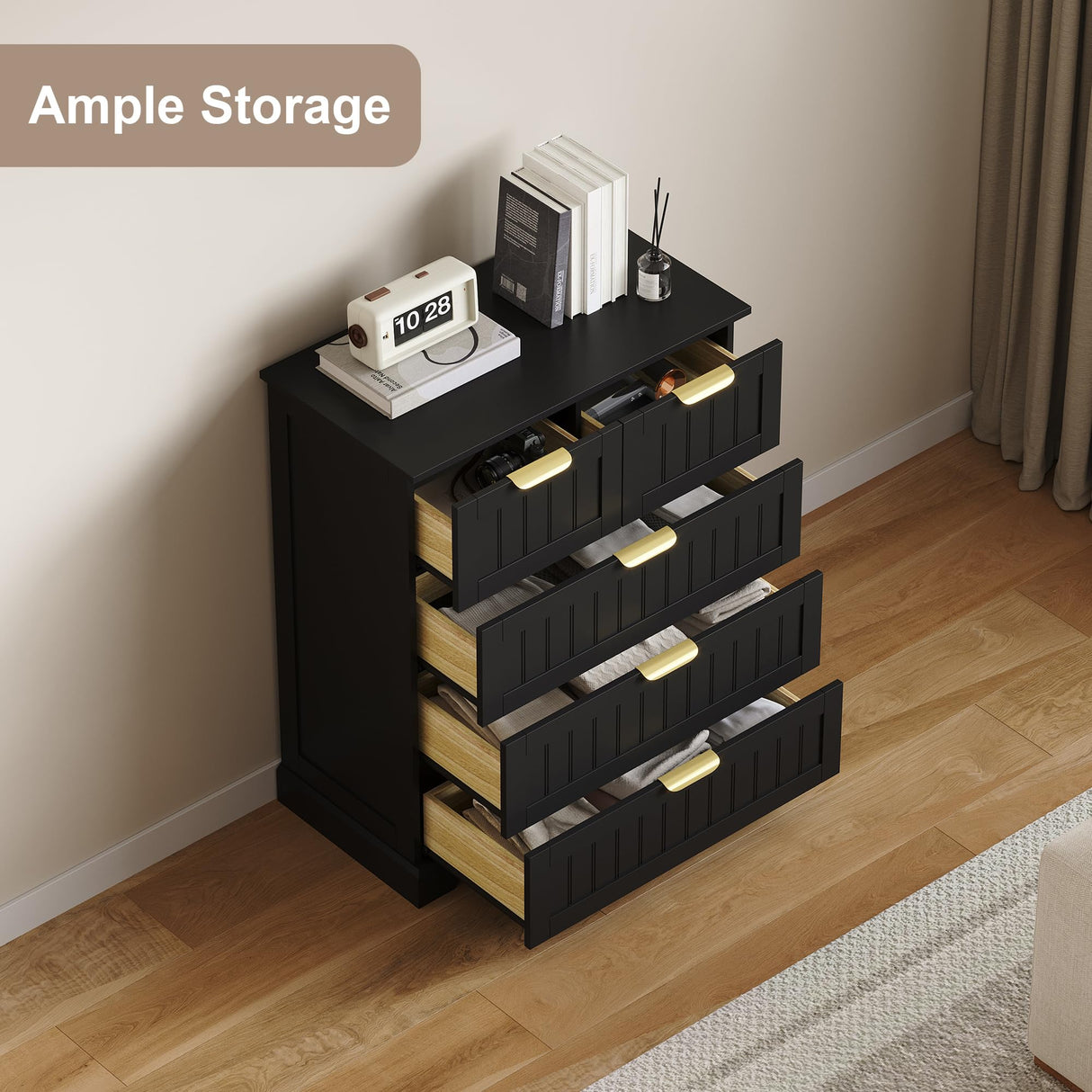 ELUREVIA 5 Wooden Drawer Dresser for Bedroom Storage, Modern Farmhouse Wood Chest of Drawers with Metal Handles, Wide Storage Cabinet for Closet, Living Room, or Entryway Black ELUREVIA