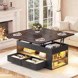 Itaar Lift Top Coffee Table, 4 in 1 Coffee Tables with Storage and Hidden Compartment, Farmhouse Coffee Table with 2 Fabric Drawers & LED Light for Living Room, Black Itaar