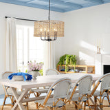 Rattan Chandelier Farmhouse 5 Lights Hand Woven Large Boho Chandeliers for Dining Room Light Fixture Hanging 19" Wicker Pendant Lighting Drum Chandeliers for Living Room Kitchen Island Foyer Hallway MRHYSWD