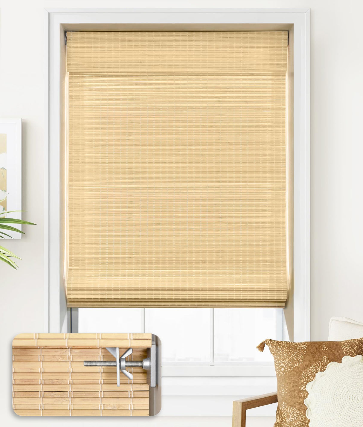 LazBlinds No Tools No Drill Cordless Bamboo Roman Shades, Privacy Room Darkening Window Treatment, Roll Up Bamboo Blinds for Window 32'' W x 64'' H, DP-Natural LazBlinds