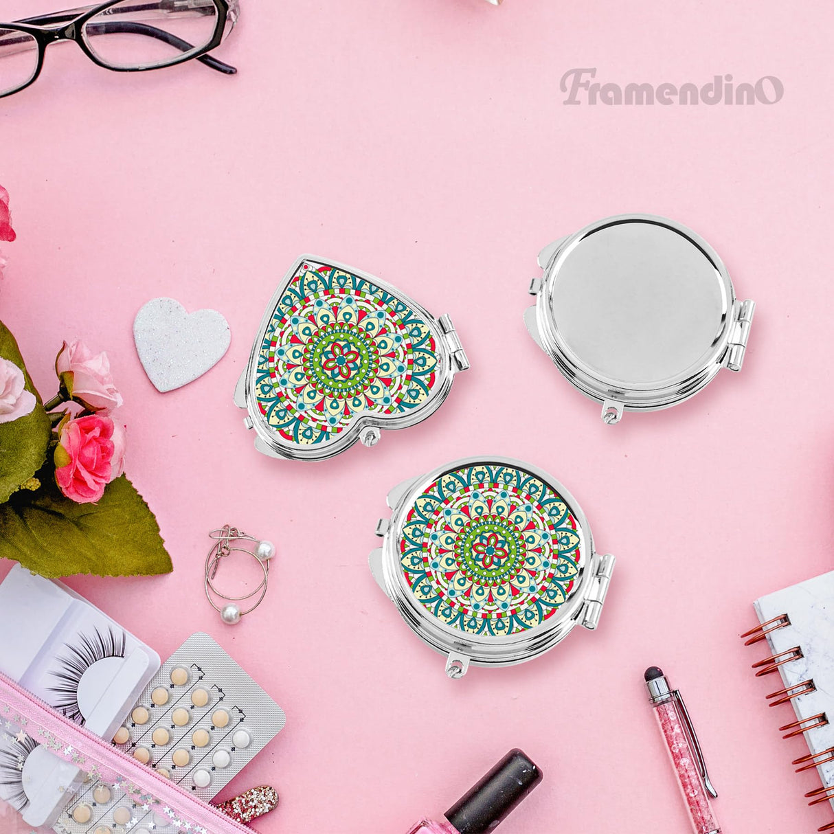 Framendino, 6 Pack Sublimation Blanks Pocket Mirror Compact Travel Folding Mirrors for Makeup Heart Round Framendino