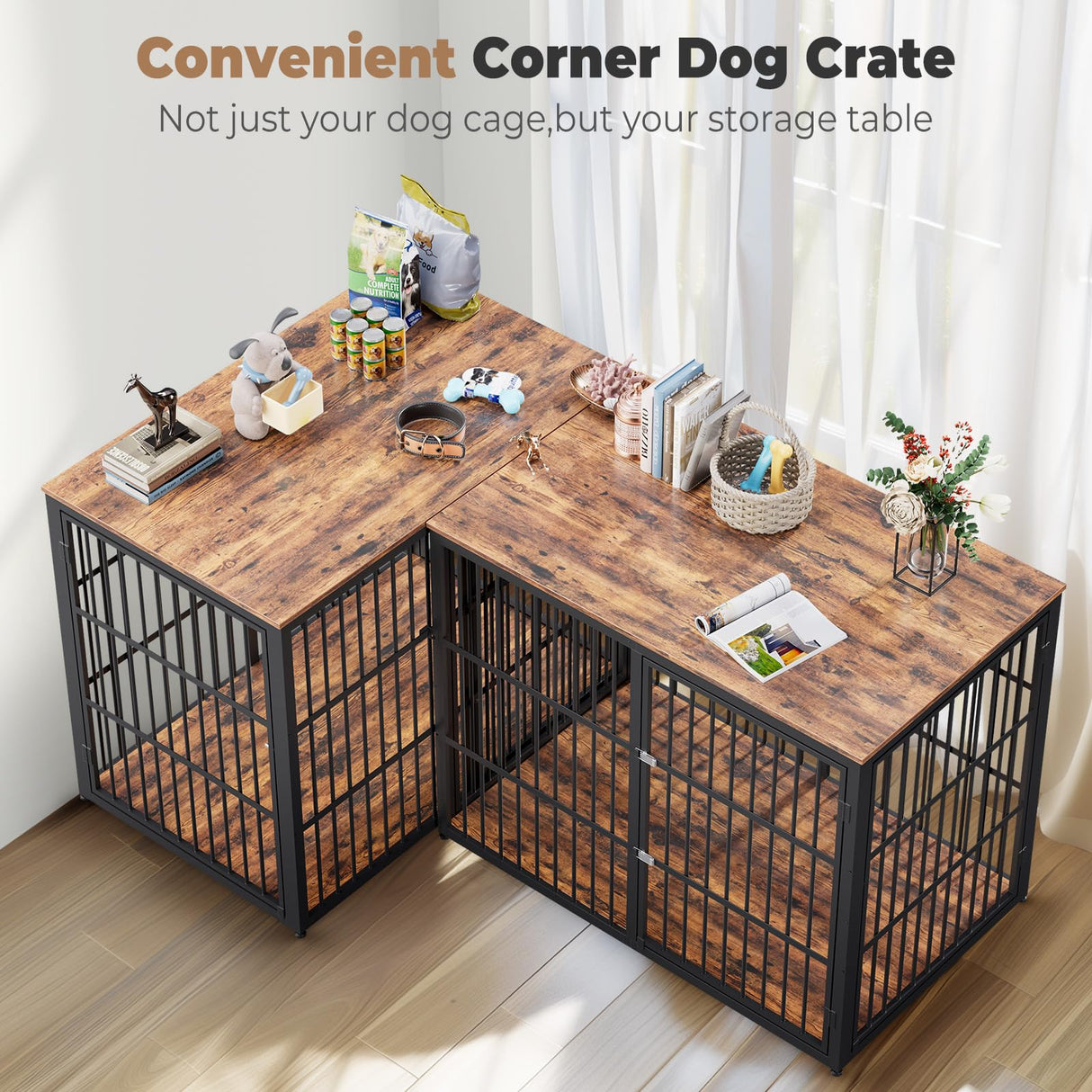 Lyromix 48'' L-Shaped Corner Dog Crate Furniture Large Breed with Double Rooms for 2 Dogs,Wooden Dog Crate End Table Indoor with Removable Divider for Medium to Large Dogs, Can Use Separately Lyromix