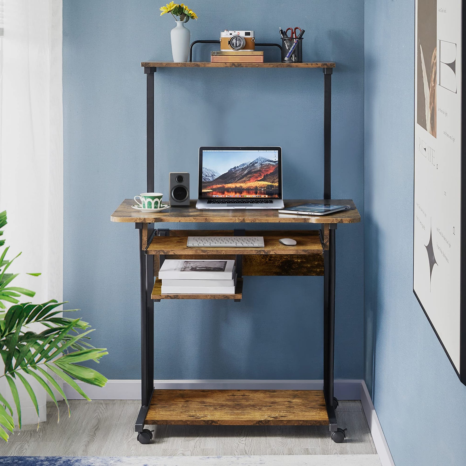 Yaheetech 3 Tiers Rolling Computer Desk with Keyboard Tray and Printer Shelf for Home Office, Mobile Computer Desk for Small Space, Retro Computer Table Compact PC Laptop Workstation, Rustic  - WoodArtSupply