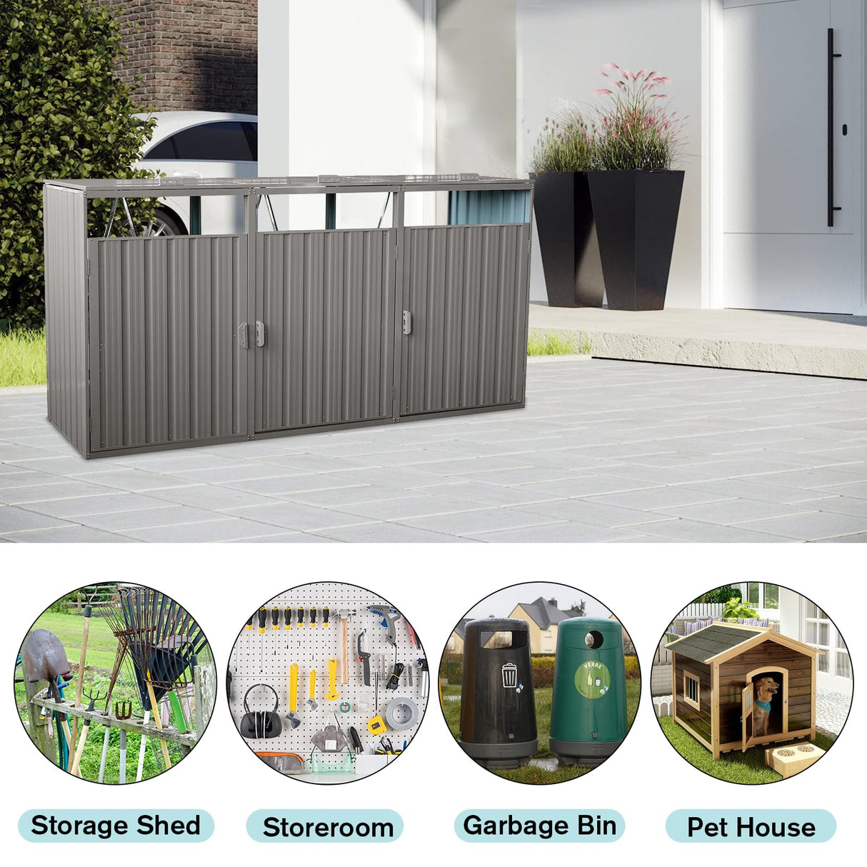 Outdoor Trash Can Storage, Storage Shed for 3 Trash cans and Tools,Waterproof Garbage Bin shed,Metal Trash Can Storage Shed Outdoor for Garden Yard(Light Grey-3 Doors) IMagacFun