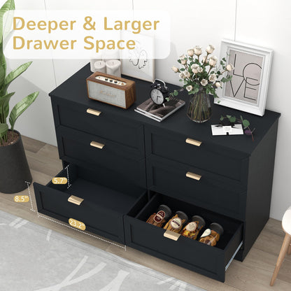 UYIHOME 6 Drawer Dresser for Bedroom, Modern Long Dresser Chest with Large Drawer, Wooden Chest of Dresser Storage Cabinet Organizer Unit for Living Room, Cloakroom, Entryway, Hallyway, Black