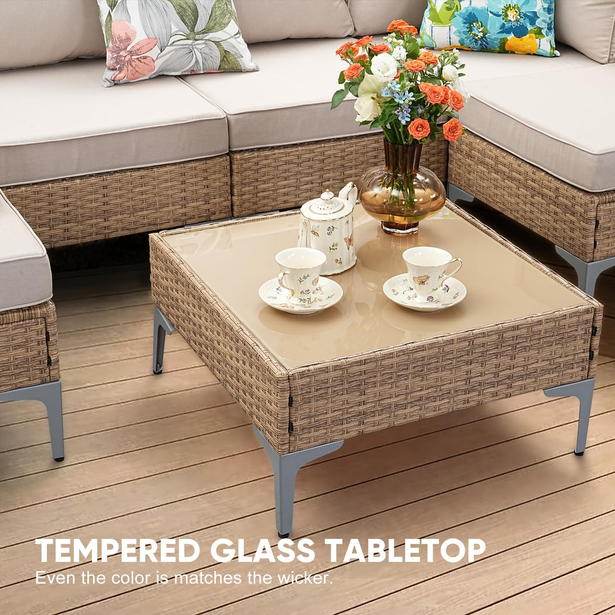 JOYURE 9 Piece Wicker Patio Furniture Set,Outdoor Conversation Sectional Sofa w/Coffee Table,All-Weather Outdoor Sofa with Thick and Anti-Slip Cushions for Deck,Poolside,Garden,Beige JOYURE