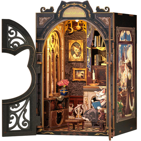 Cutefun Book Nook Kit - DIY Miniature House Kit for Bookshelf Decor, Book Nook Kits for Adults & Beginners, 3D Wooden Puzzle Dollhouse, Ideal Gift for Family and Friends (Count Cat's Study) Cutefun