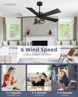 YOUKAIN Ceiling Fans With Lights, 48 Inch Farmhouse Ceiling Fans with Lights and Remote, 5-Reversible Blades with Matte Black/Wooden Finish, 48-YJ632-BKW YOUKAIN