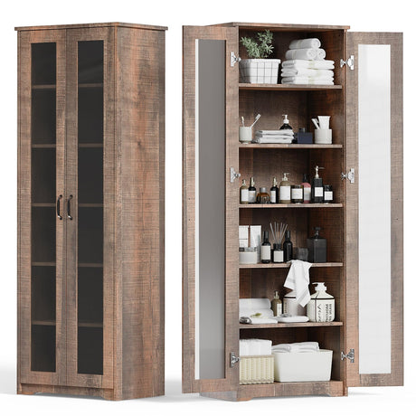 Teekyooly 70" Tall Display Cabinet Storage, Pantry Cabinet with 2 Doors and 6 Adjustable Shelves, Standing Utility Cabinet for Dining Room, Food Storage and Kitchen, Clear and Brown Teekyooly