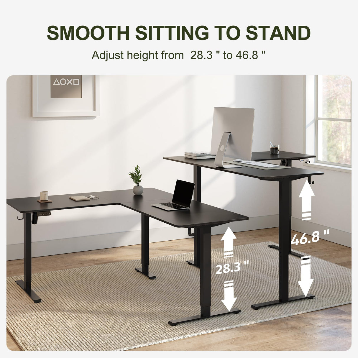 BANTI 63" L Shaped Standing Desk, Adjustable Corner Standing Desk L Shape, L-Shaped Adjustable Desk with Splice Board, L Shape Standing Desk, Black BANTI